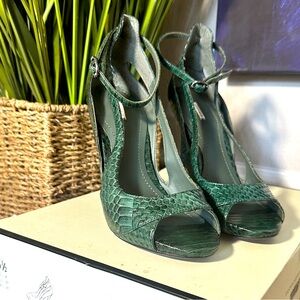 Green Snakeskin Leather Open Toe Heels
